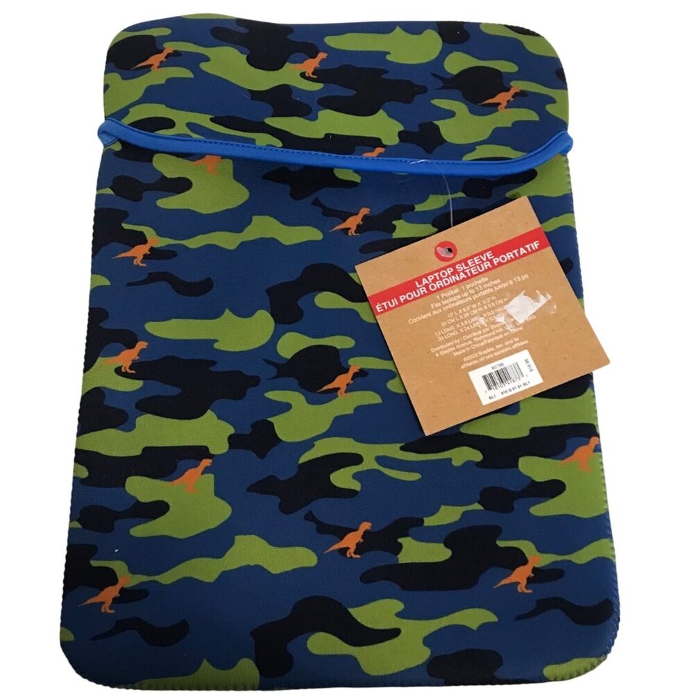 Pep Rally Laptop Sleeve 13 x 9.5" Camo Blue Green Black Zipper Orange Dinosaurs
